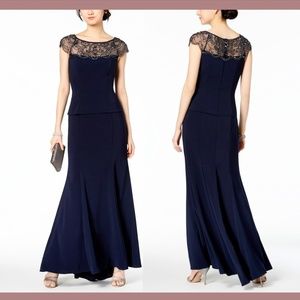 NWT $269 XSCAPE [ Petite 2P ] Embellished‎ Illusion-Contrast Gown in Navy Blue